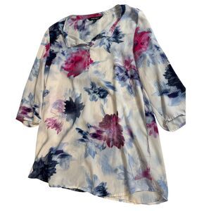 Ellen Tracy Women’s Floral Blouse Top Size Large Long Sleeve Cream Pink Blue